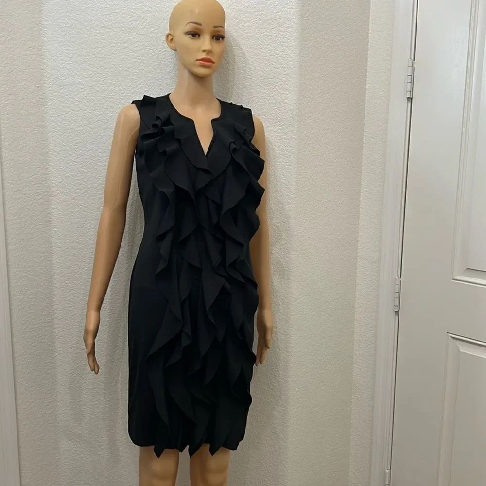 CALVIN KLEIN Black Sz 4 V Neck Sleeveless Ruffle Front Sheath Midi Dress